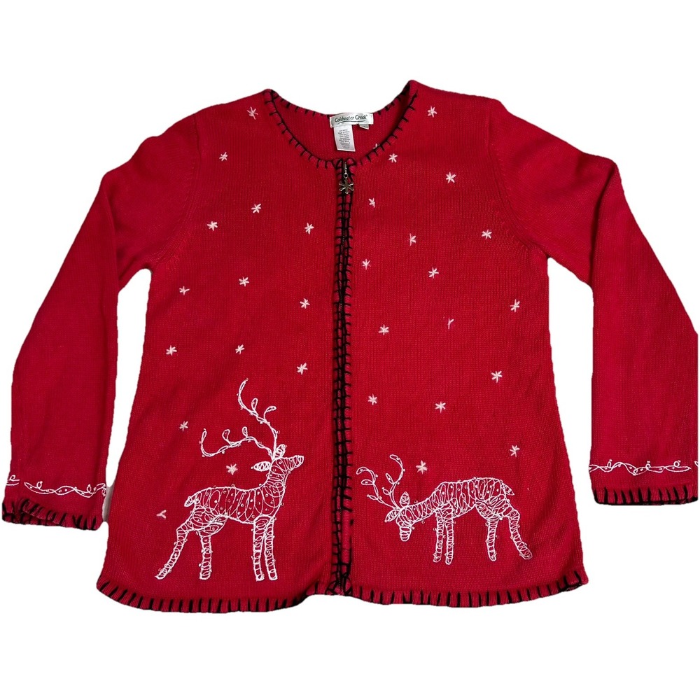 Coldwater Creek Sweater Womens M Red Zip Cardigan Reindeer Embroidered Holiday